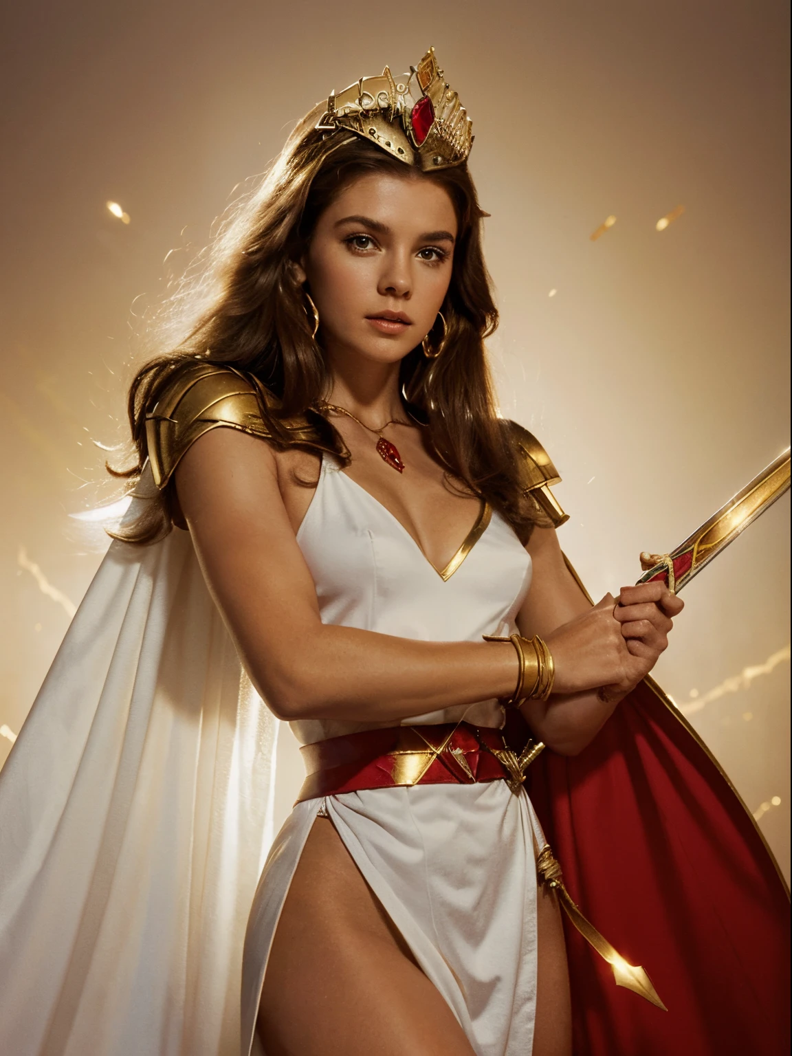 She-Ra Princess of Power, 1980s, white tunic, red cape, golden tiara, golden armbands, sword with golden hilt