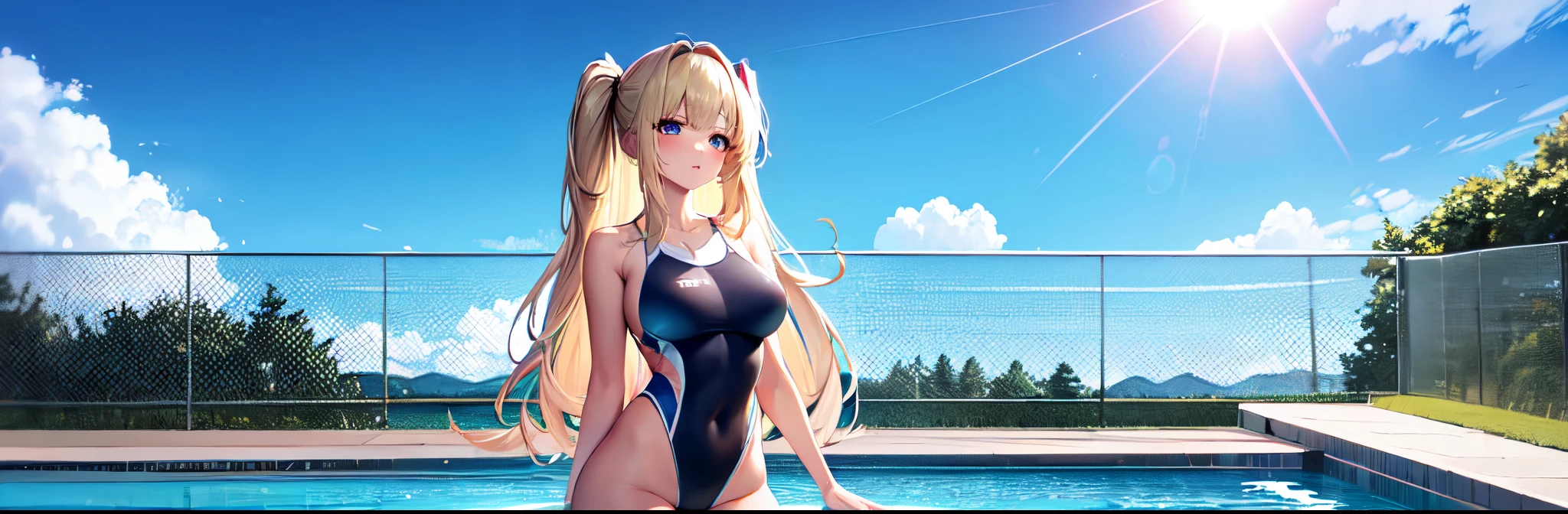 ((Best Quality)), (ultra-detailliert), ((Extremely detailed)), (Beautiful), ((Kawaii Girl)), ((UHD)), (masterpiece), (high quality), (best quality), (4K), (high quality), 1, solo girl, 1girl, ((platinum blond hair)), parted bangs, ((hair intakes)), long hair, (hair two side up long), ((jade colored eyes)), slanted eyes, medium breasts, slender body, competition swimsuit, Pool Background, (blue sky:1.3), solar, sunlight, anime