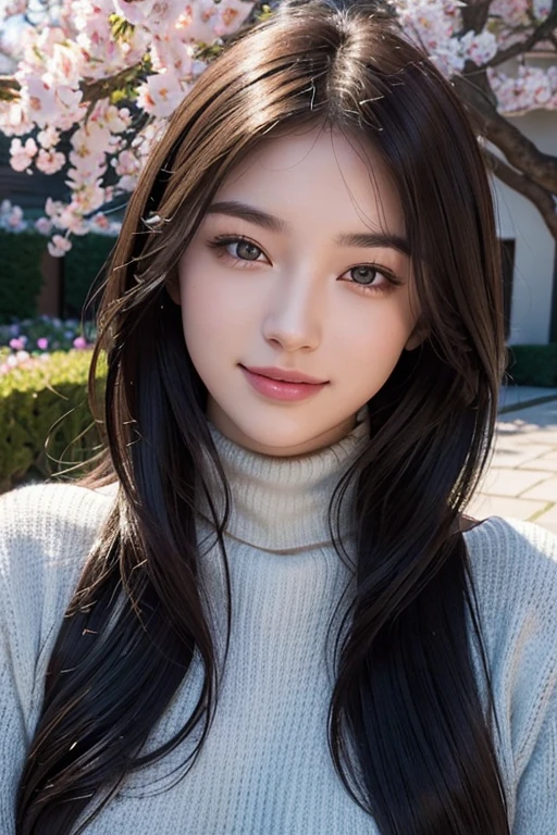 masterpiece,DSLR photo,analog style,nikon d5,real photo,a photo of a beautiful 20 year old woman,dramatic lighting (85mm),with Blooming garden in the background,(detailed facial features),(detailed shiny eyes),dynamic angle,Michelangelo style,long hair,turtleneck sweater,smiling face:1.4,