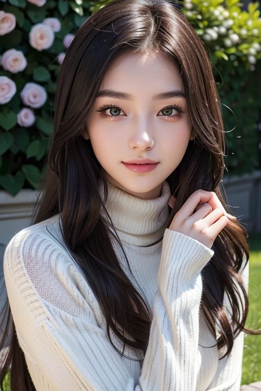 masterpiece,DSLR photo,analog style,nikon d5,real photo,a photo of a beautiful 20 year old woman,dramatic lighting (85mm),with Blooming garden in the background,(detailed facial features),(detailed shiny eyes),dynamic angle,Michelangelo style,long hair,turtleneck sweater,smiling face:1.4,