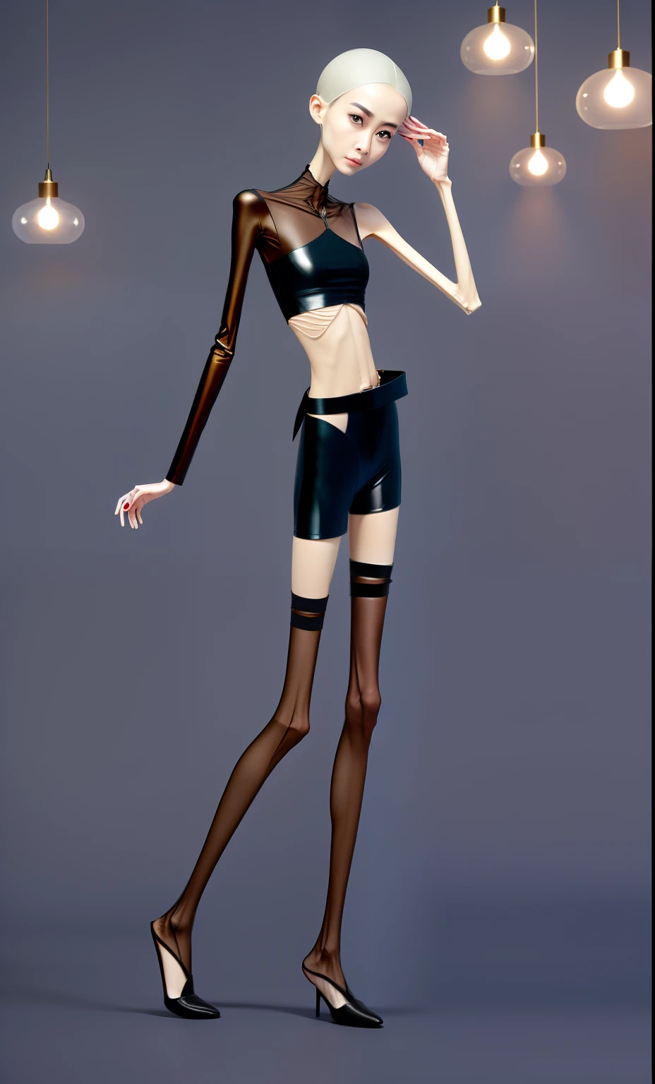 very thin woman，A thin body，Protruding sternum，The waist is very thin，The ribs are noticeable，Protruding ribs，The pelvic protrusion is very obvious，The pelvis is wide，flat butt drum，Legs are just skin and bones，thin shoulde，The waist is very thin，Sunken abdomen，Delicate arms，arm muscle atrophy，hunger，sunken lower abdomen，with short brown hair，Wear tight shiny leather pants，wear a belt，Wearing pleated black stockings，Wear slippers，Asia face，The waist is particularly thin，angry look，Excessive weight loss，The face is sunken and thin，Severe malnutrition，hunger