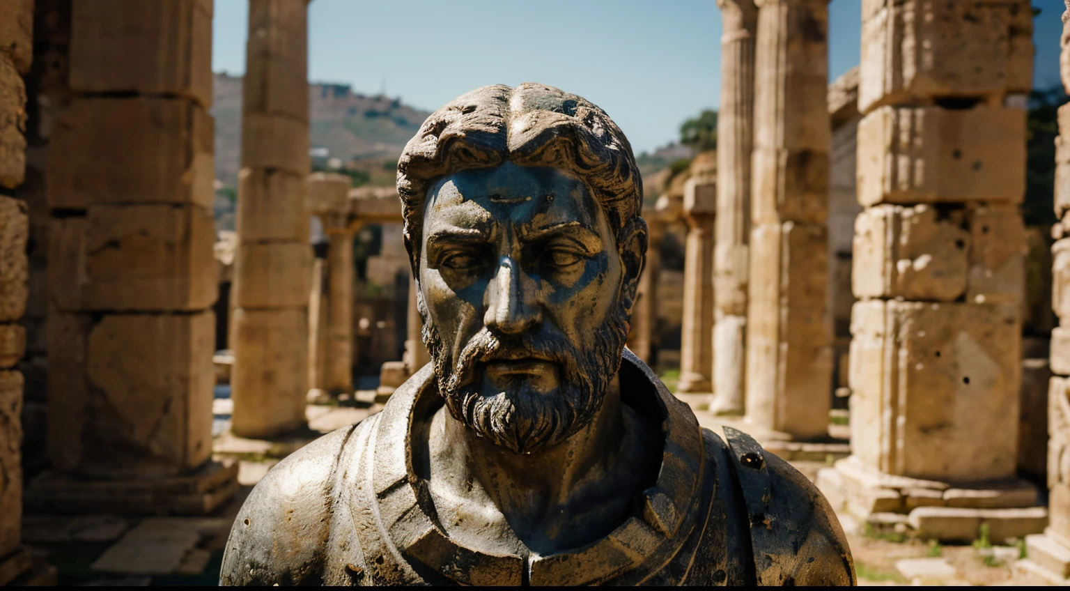 Ancient Stoic Statue With Very Angry Expression, tem barba, muitos detalhes em ambos os olhos, Outside, fundo atenas grego, open sky, com rosto extremamente detalhado full body view, Colors with low saturation with dark tone, Filmado em Sony A7S III com Sony FE 35mm f/1.8, 12.1 MP, --AR 3:2 --estilo cru