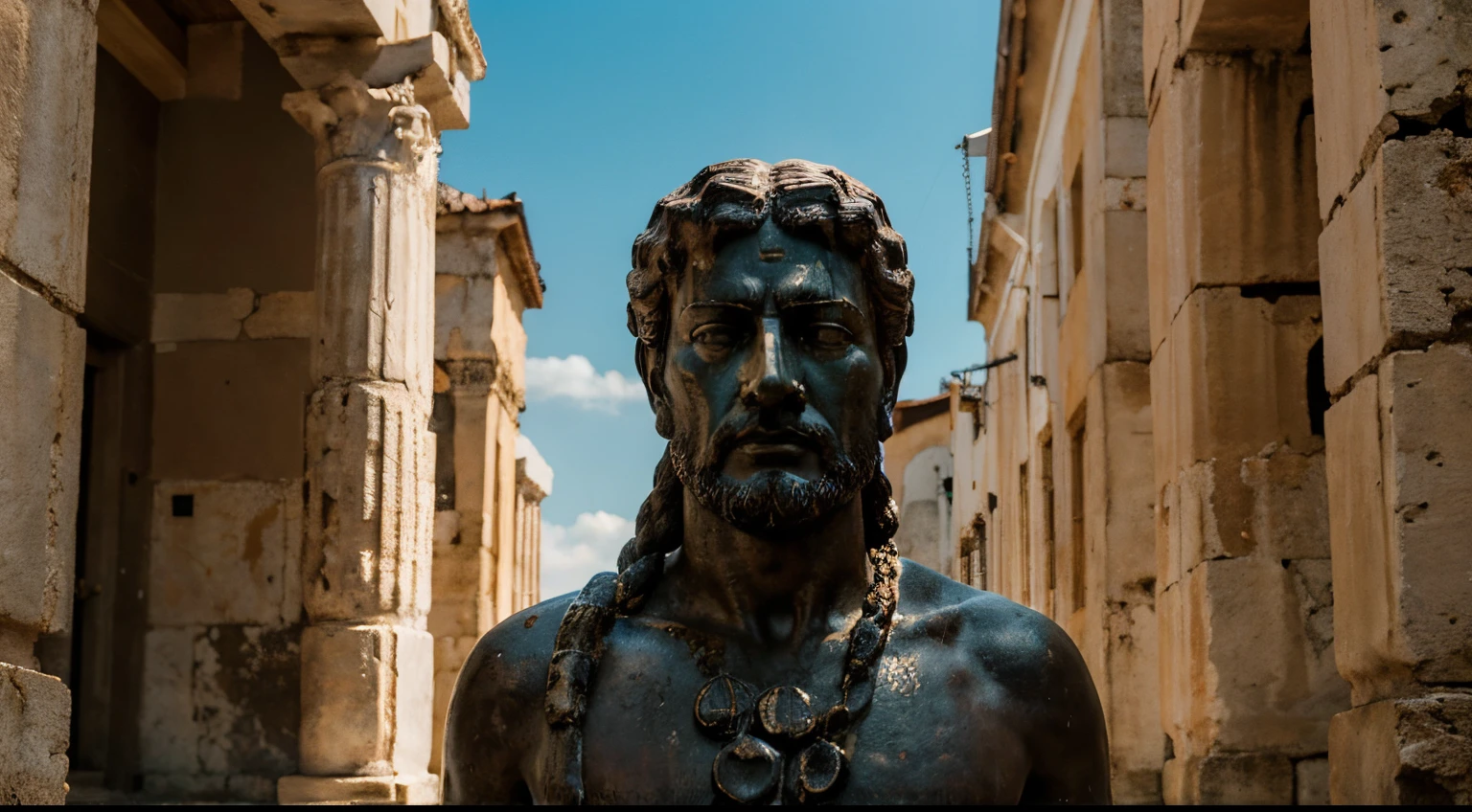 Ancient Stoic Statue With Very Angry Expression, tem barba, muitos detalhes em ambos os olhos, Outside, fundo atenas grego, open sky, com rosto extremamente detalhado full body view, Colors with low saturation with dark tone, Filmado em Sony A7S III com Sony FE 35mm f/1.8, 12.1 MP, --AR 3:2 --estilo cru