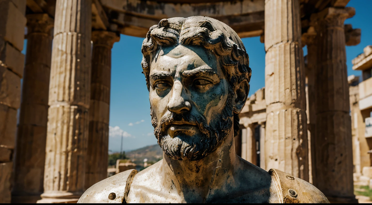 Ancient Stoic Statue With Very Angry Expression, tem barba, muitos detalhes em ambos os olhos, Outside, fundo atenas grego, open sky, com rosto extremamente detalhado full body view, Colors with low saturation with dark tone, Filmado em Sony A7S III com Sony FE 35mm f/1.8, 12.1 MP, --AR 3:2 --estilo cru