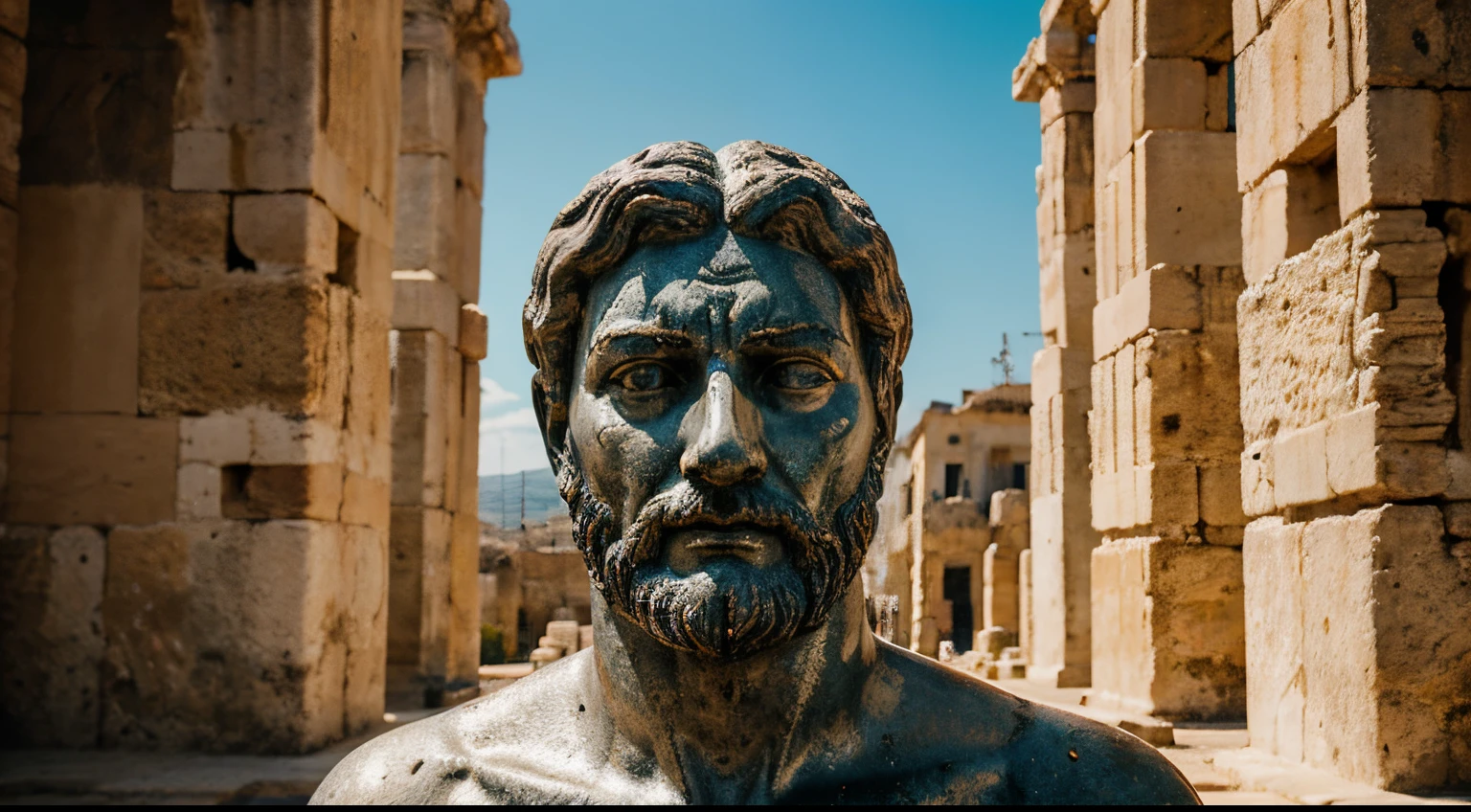 Ancient Stoic Statue With Very Angry Expression, tem barba, muitos detalhes em ambos os olhos, Outside, fundo atenas grego, open sky, com rosto extremamente detalhado full body view, Colors with low saturation with dark tone, Filmado em Sony A7S III com Sony FE 35mm f/1.8, 12.1 MP, --AR 3:2 --estilo cru