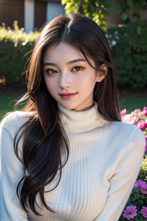 masterpiece,DSLR photo,analog style,nikon d5,real photo,a photo of a beautiful 20 year old woman,dramatic lighting (85mm),with Blooming garden in the background,(detailed facial features),(detailed shiny eyes),dynamic angle,Michelangelo style,long hair,turtleneck sweater,smiling face:1.4,