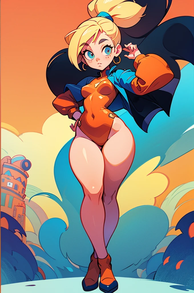 a drawing, (2D illustration 1.5), (2D gouache illustration 1.5), (cartoon 1.6), (cel-shaded 1.6), (vector style art 1.3), (flat shading 1.3), 1girl, complex background, looking at viewer, (wide hips 1.5), thick thighs, thin, slender, long hair, city street, big lips, eyes open, (perky breasts 1.5), [small breasts], (best quality, masterpiece), full body shot, freckles, blonde, ponytail, confident pose, cocky, fashion, cute clothes