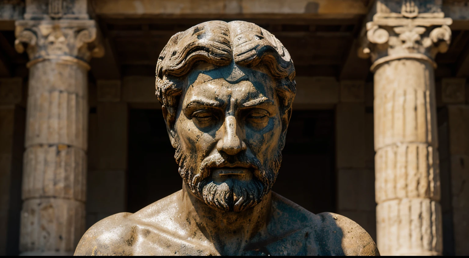 Ancient Stoic Statue With Very Angry Expression, tem barba, muitos detalhes em ambos os olhos, Outside, fundo atenas grego, open sky, com rosto extremamente detalhado full body view, Colors with low saturation with dark tone, Filmado em Sony A7S III com Sony FE 35mm f/1.8, 12.1 MP, --AR 3:2 --estilo cru