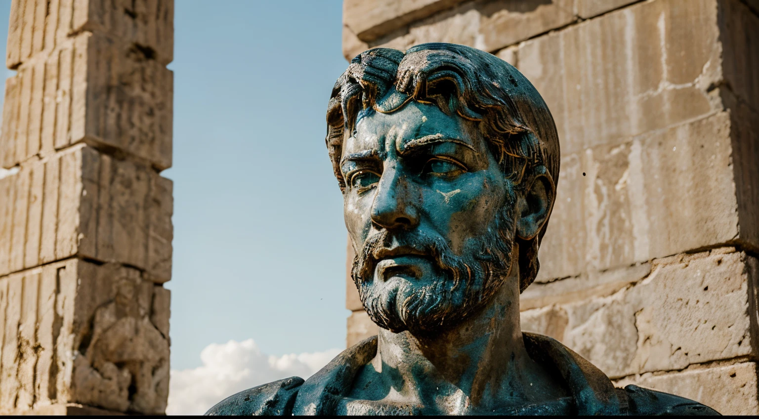 Ancient Stoic Statue With Very Angry Expression, tem barba, muitos detalhes em ambos os olhos, Outside, fundo atenas grego, open sky, com rosto extremamente detalhado full body view, Colors with low saturation with dark tone, Filmado em Sony A7S III com Sony FE 35mm f/1.8, 12.1 MP, --AR 3:2 --estilo cru