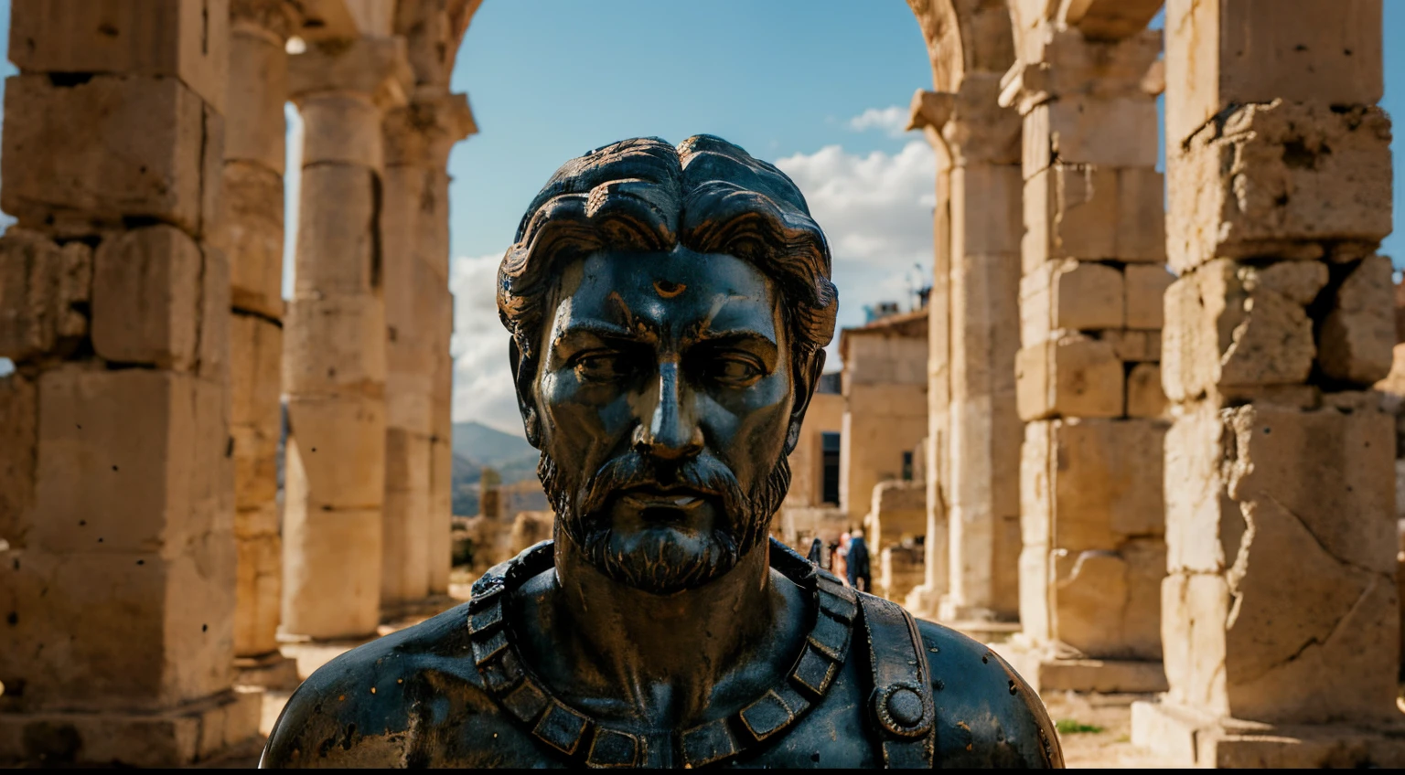 Ancient Stoic Statue With Very Angry Expression, tem barba, muitos detalhes em ambos os olhos, Outside, fundo atenas grego, open sky, com rosto extremamente detalhado full body view, Colors with low saturation with dark tone, Filmado em Sony A7S III com Sony FE 35mm f/1.8, 12.1 MP, --AR 3:2 --estilo cru