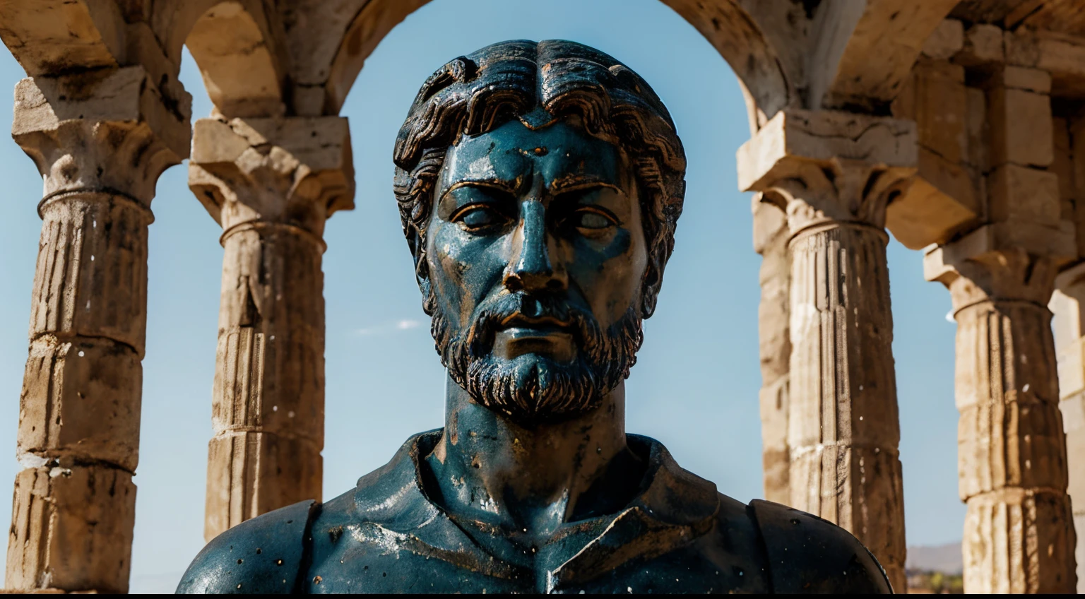 Ancient Stoic Statue With Very Angry Expression, tem barba, muitos detalhes em ambos os olhos, Outside, fundo atenas grego, open sky, com rosto extremamente detalhado full body view, Colors with low saturation with dark tone, Filmado em Sony A7S III com Sony FE 35mm f/1.8, 12.1 MP, --AR 3:2 --estilo cru