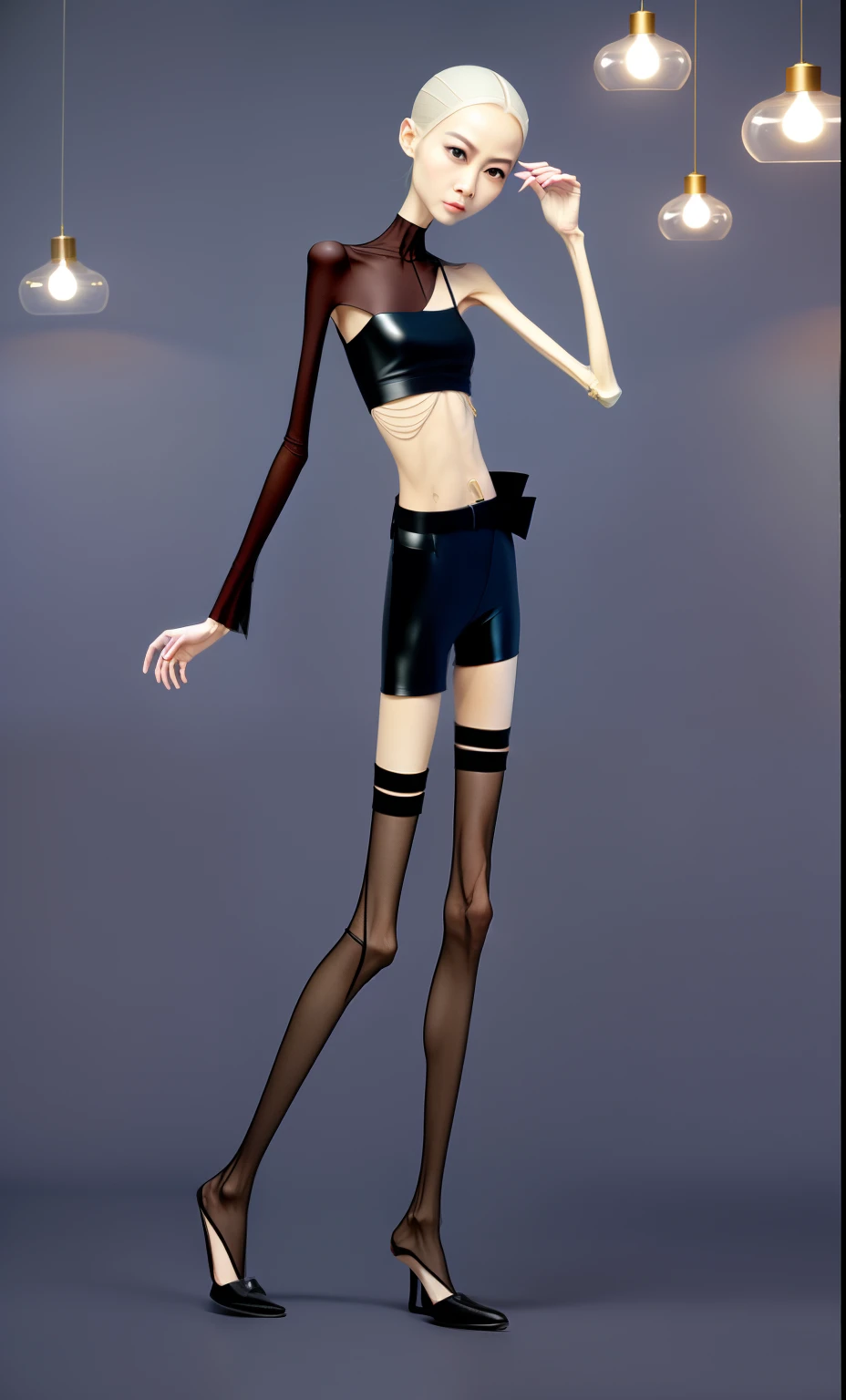 very thin woman,A thin body,Protruding sternum,The waist is very thin,The ribs are noticeable,Protruding ribs,The pelvic protrusion is very obvious,The pelvis is wide,flat drum,Legs are just skin and bones,thin shoulde,The waist is very thin,Sunken abdomen,Delicate arms,arm muscle atrophy,hunger,The lower abdomen is depressed,with short brown hair,Wear tight shiny leather pants,wear a belt,Wearing black pleated stockings,Wear slippers,Asia face,The waist is particularly thin,angry look,Excessive weight loss,The face is sunken and thin,Severe malnutrition,Skinny female