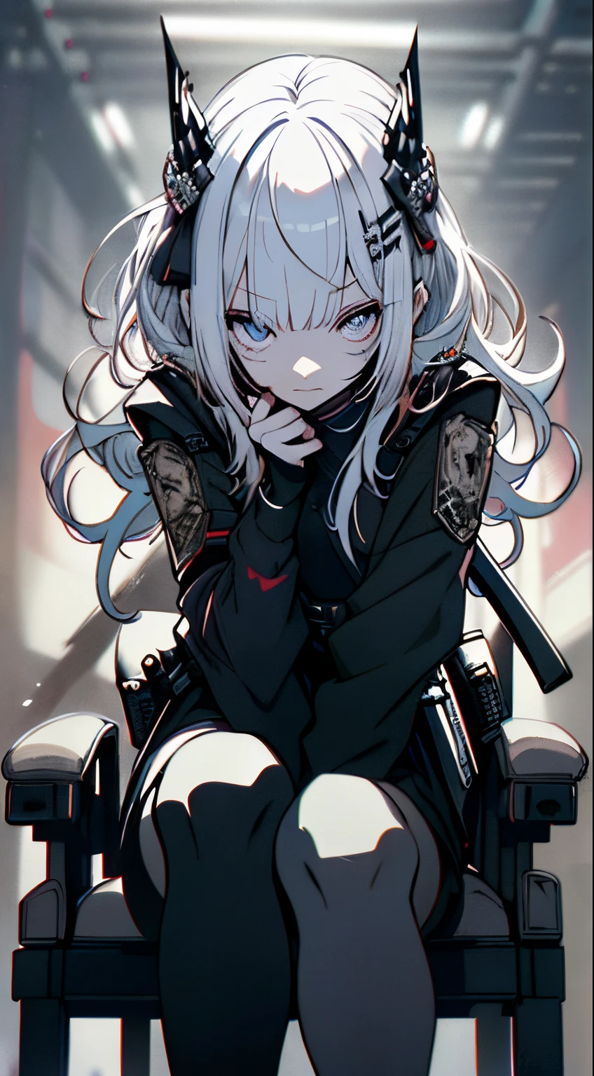 Japanese Katana Sword、Samurai sword、Full body、Sit on a chair, cross one's legs、White one-piece military uniform、View other people、Blunt bangs、 over-kneehighs,Blunt bangs, white  hair,(masutepiece:1.2, Best Quality), (finely detailed beautiful eye: 1.2), (Detailed background,Dark Fantasy), (beautifull detailed face), High contrast, (Best Illumination, extremely delicate and beautiful), ((Cinematic Light)), Colorful, Hyper Detail, Dramatic light, Intricate details,Very blue eyes, Shining eyes, long hair flowing with the wind