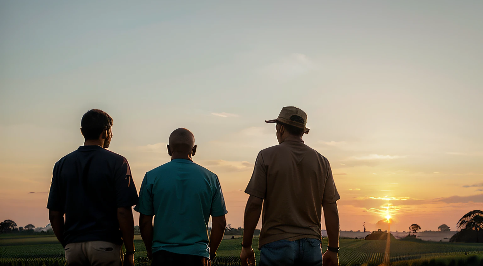 Three men farmers far from photo on a farm in Brazil detailed with a splendid sunrise horizon