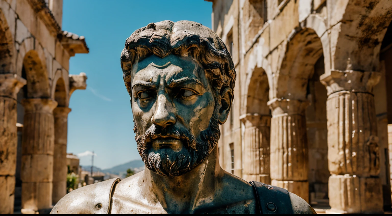Ancient Stoic Statue With Very Angry Expression, tem barba, muitos detalhes em ambos os olhos, Outside, fundo atenas grego, open sky, com rosto extremamente detalhado full body view, Colors with low saturation with dark tone, Filmado em Sony A7S III com Sony FE 35mm f/1.8, 12.1 MP, --AR 3:2 --estilo cru