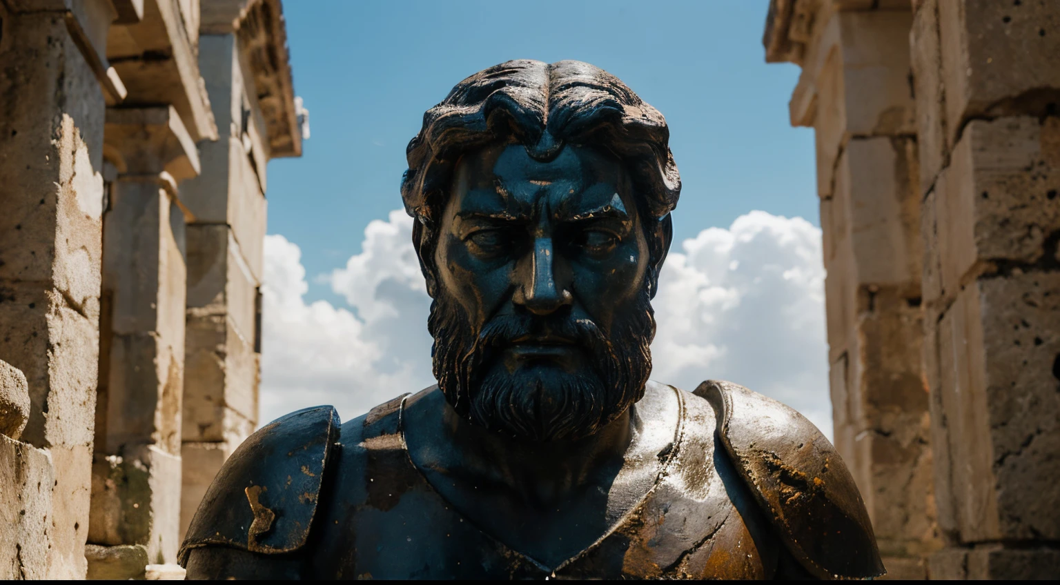 Ancient Stoic Statue With Very Angry Expression, tem barba, muitos detalhes em ambos os olhos, Outside, fundo atenas grego, open sky, com rosto extremamente detalhado full body view, Colors with low saturation with dark tone, Filmado em Sony A7S III com Sony FE 35mm f/1.8, 12.1 MP, --AR 3:2 --estilo cru