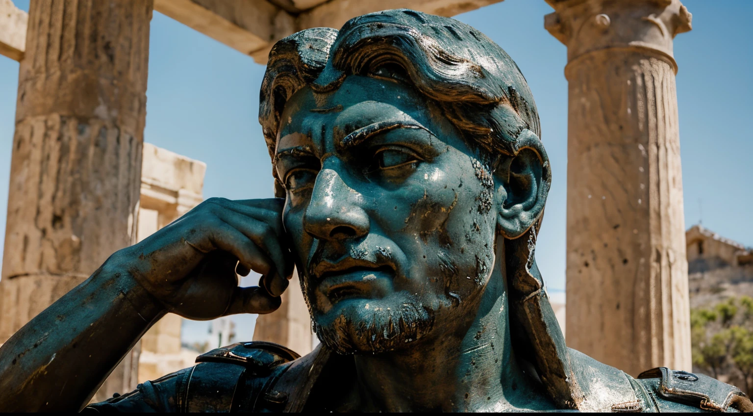Ancient Stoic Statue With Very Angry Expression, tem barba, muitos detalhes em ambos os olhos, Outside, fundo atenas grego, open sky, com rosto extremamente detalhado full body view, Colors with low saturation with dark tone, Filmado em Sony A7S III com Sony FE 35mm f/1.8, 12.1 MP, --AR 3:2 --estilo cru