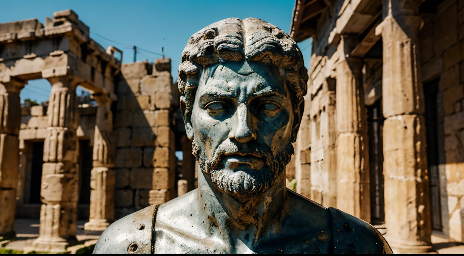 Ancient Stoic Statue With Very Angry Expression, tem barba, muitos detalhes em ambos os olhos, Outside, fundo atenas grego, open sky, com rosto extremamente detalhado full body view, Colors with low saturation with dark tone, Filmado em Sony A7S III com Sony FE 35mm f/1.8, 12.1 MP, --AR 3:2 --estilo cru