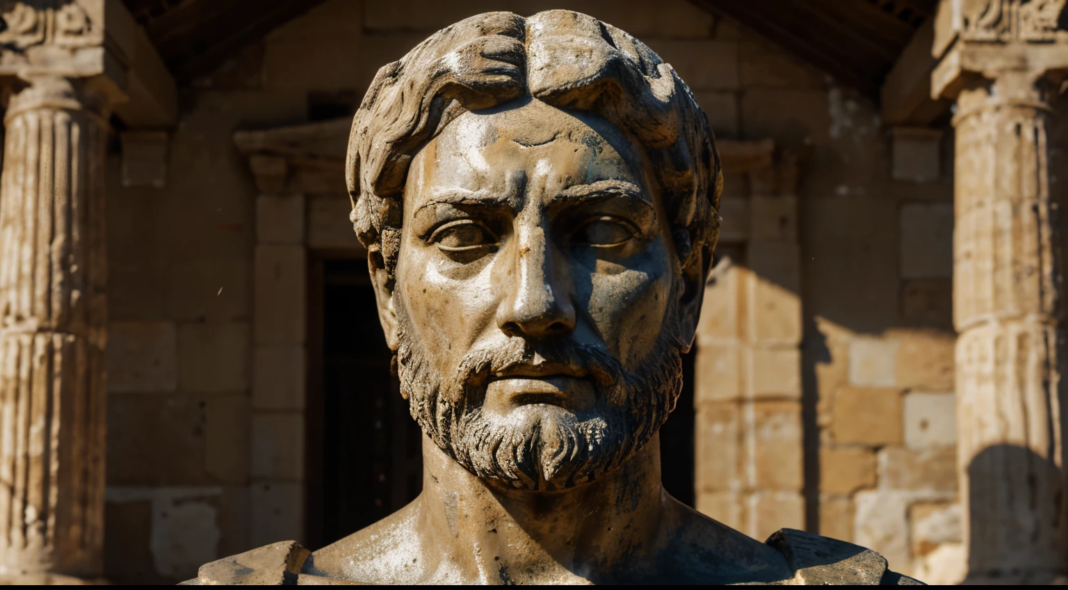 Ancient Stoic Statue With Very Angry Expression, tem barba, muitos detalhes em ambos os olhos, Outside, fundo atenas grego, open sky, com rosto extremamente detalhado full body view, Colors with low saturation with dark tone, Filmado em Sony A7S III com Sony FE 35mm f/1.8, 12.1 MP, --AR 3:2 --estilo cru