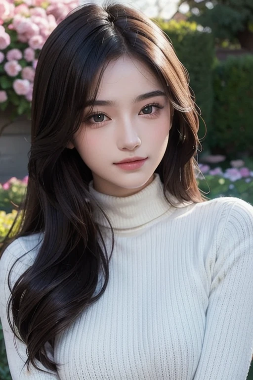 masterpiece,DSLR photo,analog style,nikon d5,real photo,a photo of a beautiful 20 year old woman,dramatic lighting (85mm),with Blooming garden in the background,(detailed facial features),(detailed shiny eyes),dynamic angle,Michelangelo style,long hair,turtleneck sweater,smiling face:1.4,