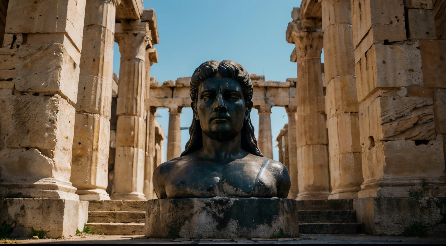 Ancient Stoic Statue With Very Angry Expression, tem barba, muitos detalhes em ambos os olhos, Outside, fundo atenas grego, open sky, com rosto extremamente detalhado full body view, Colors with low saturation with dark tone, Filmado em Sony A7S III com Sony FE 35mm f/1.8, 12.1 MP, --AR 3:2 --estilo cru