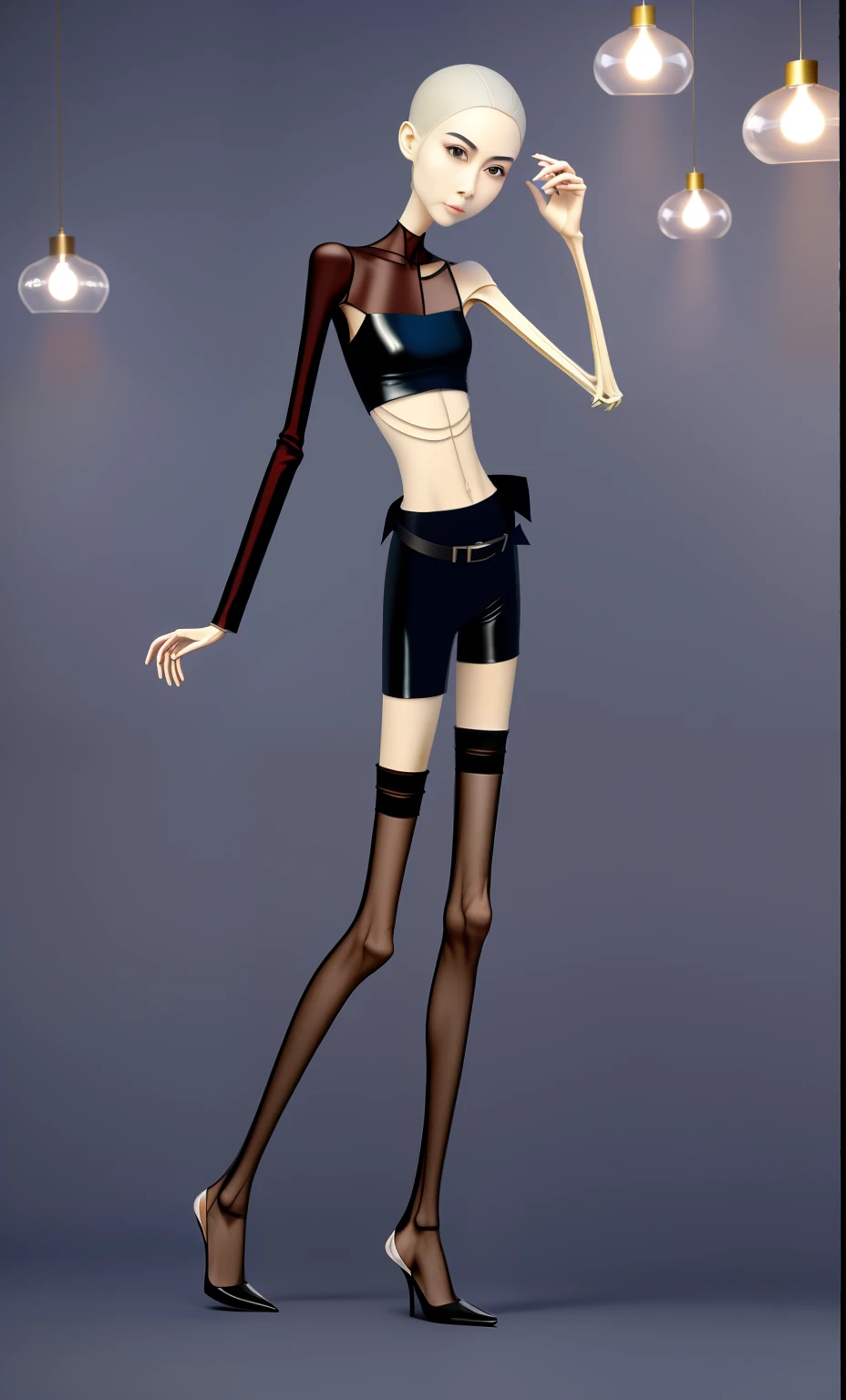 very thin woman，A thin body，Protruding sternum，The waist is very thin，The ribs are noticeable，Protruding ribs，The pelvic protrusion is very obvious，The pelvis is wide，flat drum，Legs are just skin and bones，thin shoulde，The waist is very thin，Sunken abdomen，Delicate arms，arm muscle atrophy，hunger，sunken lower abdomen，with short brown hair，Wear tight shiny leather pants，wear a belt，Expose your heels，Wearing tight silk clothes，Wear black pleated stockings，Wear slippers，Asia face，The waist is particularly thin，angry look，Excessive weight loss，The face is sunken and thin，Severe malnutrition，thin female