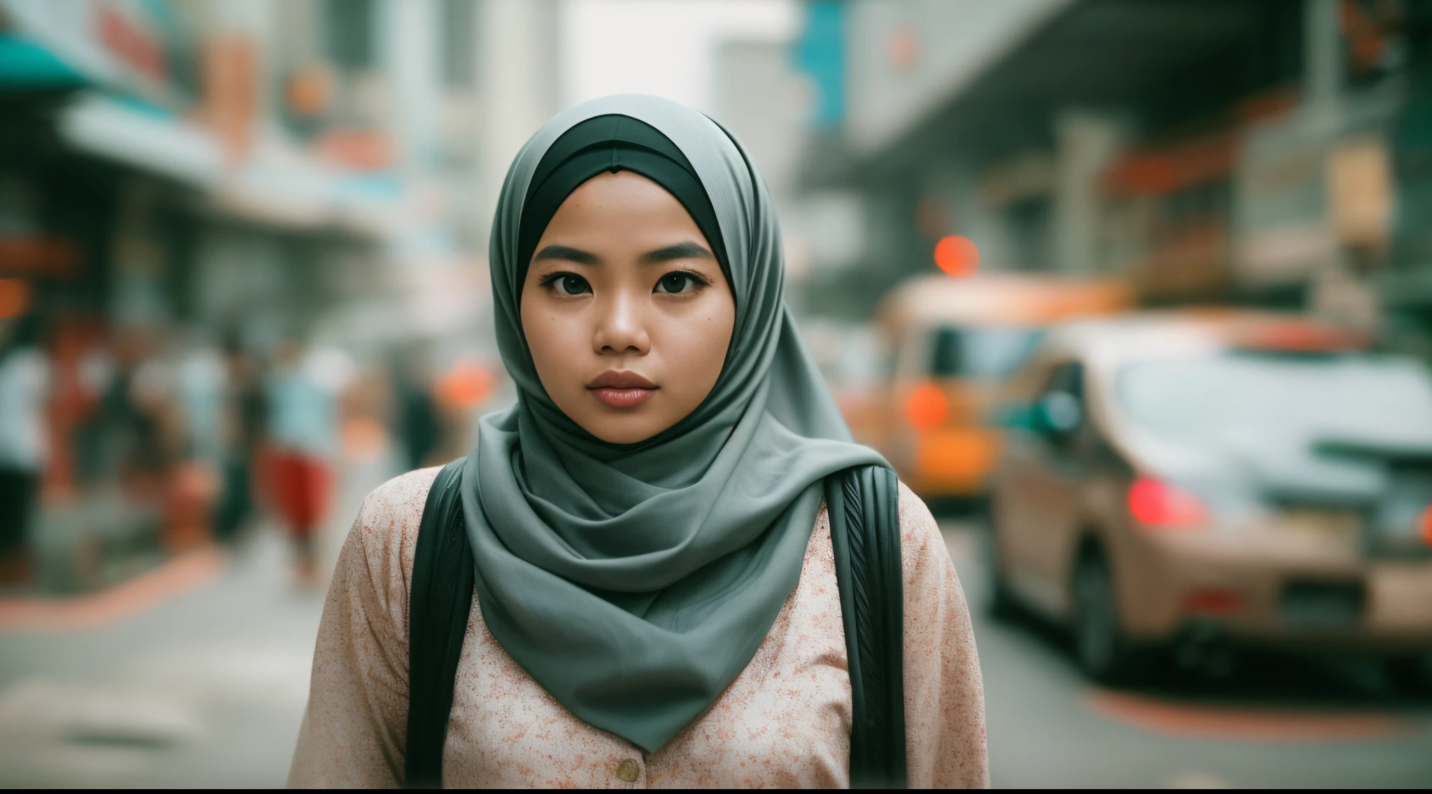 Compose a cinematic shot of a Malay girl in hijab traversing a bustling cityscape. The framing should emphasize the contrast between her serene presence and the dynamic urban environment, capturing a moment of self-reflection amidst the chaos