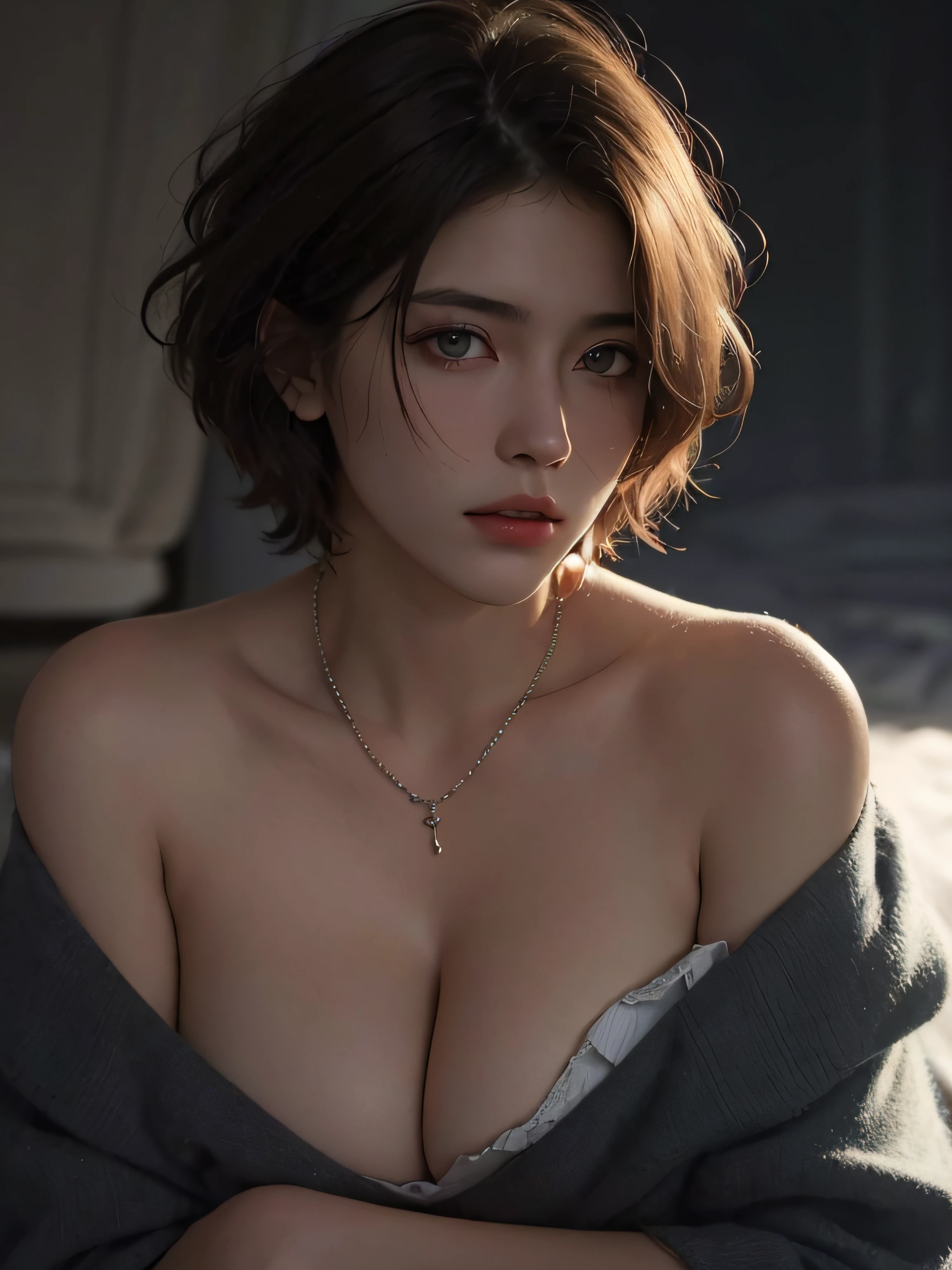 Best quality, masterpiece, ultra high res, (photorealistic:1.5),Elegant look, raw photo, breast, 1girl, offshoulder, in the dark, deep shadow, low key, cold light, sexy look, short hair, necklace, moonlighting