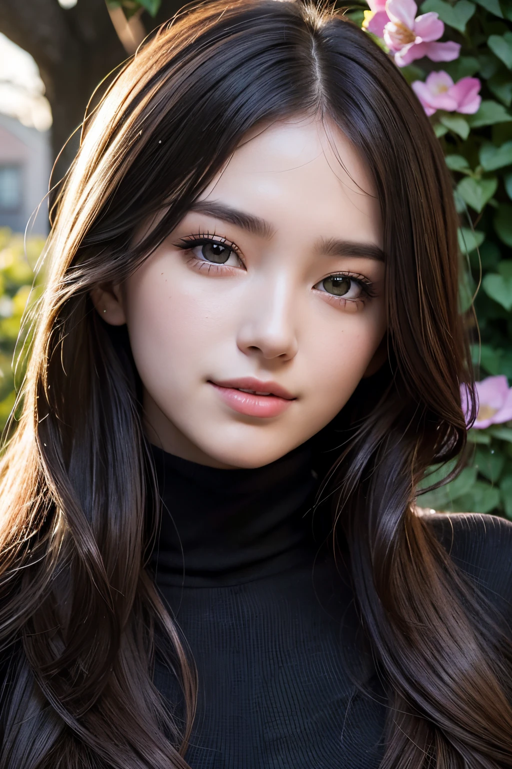 masterpiece,DSLR photo,analog style,nikon d5,real photo,a photo of a beautiful 20 year old woman,dramatic lighting (85mm),with Blooming garden in the background,(detailed facial features),(detailed shiny eyes),dynamic angle,Michelangelo style,long hair,turtleneck sweater,smiling face:1.4,