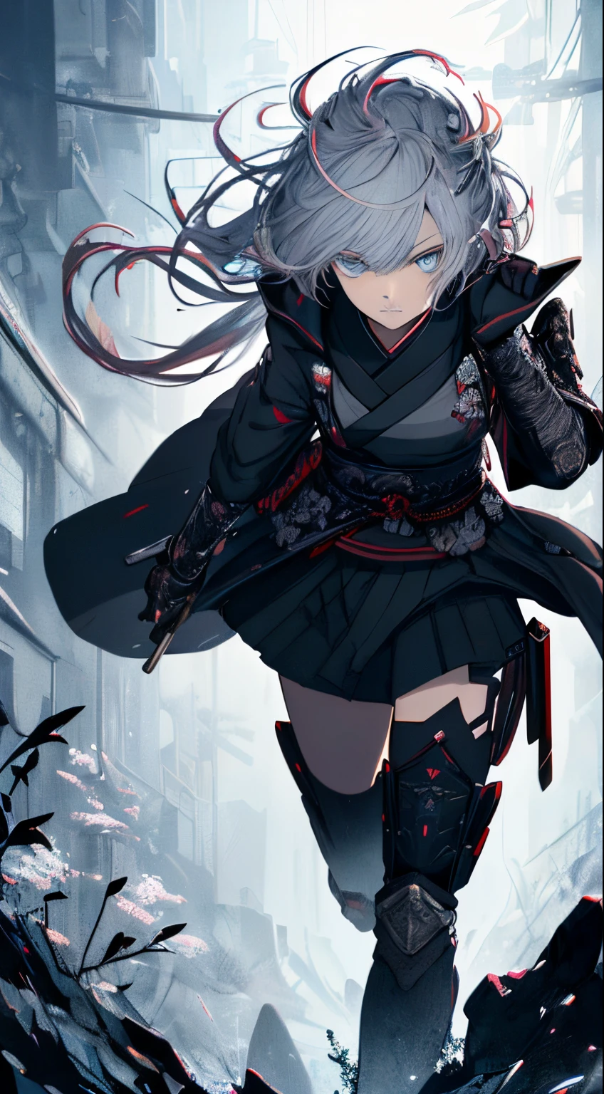 Japanese Katana Sword、Samurai sword、Full body、White one-piece military uniform、over-kneehighs, Blunt bangs, Grey hair,(masutepiece:1.2, Best Quality), (finely detailed beautiful eye: 1.2), (Detailed background,Dark Fantasy), (beautifull detailed face), High contrast, (Best Illumination, extremely delicate and beautiful), ((Cinematic Light)), Colorful, Hyper Detail, Dramatic light, Intricate details,Very blue eyes, Shining eyes, long hair flowing with the wind