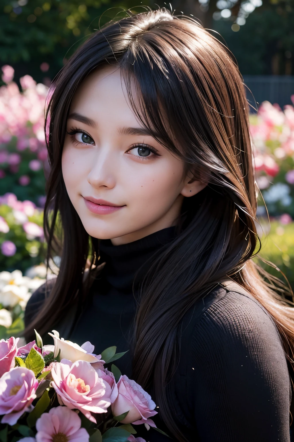 masterpiece,DSLR photo,analog style,nikon d5,real photo,a photo of a beautiful 20 year old woman,dramatic lighting (85mm),with Blooming garden in the background,(detailed facial features),(detailed shiny eyes),dynamic angle,Michelangelo style,long hair,turtleneck sweater,smiling face:1.4,
