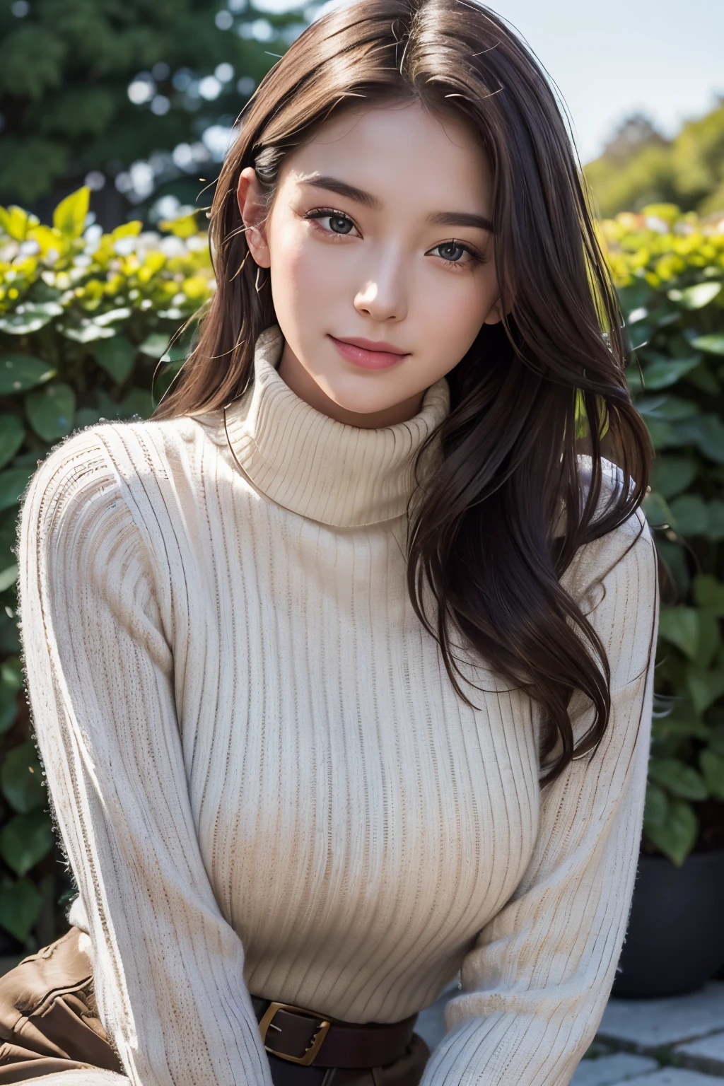 masterpiece,DSLR photo,analog style,nikon d5,real photo,a photo of a beautiful 20 year old woman,dramatic lighting (85mm),with Blooming garden in the background,(detailed facial features),(detailed shiny eyes),dynamic angle,Michelangelo style,long hair,turtleneck sweater,smiling face:1.4,