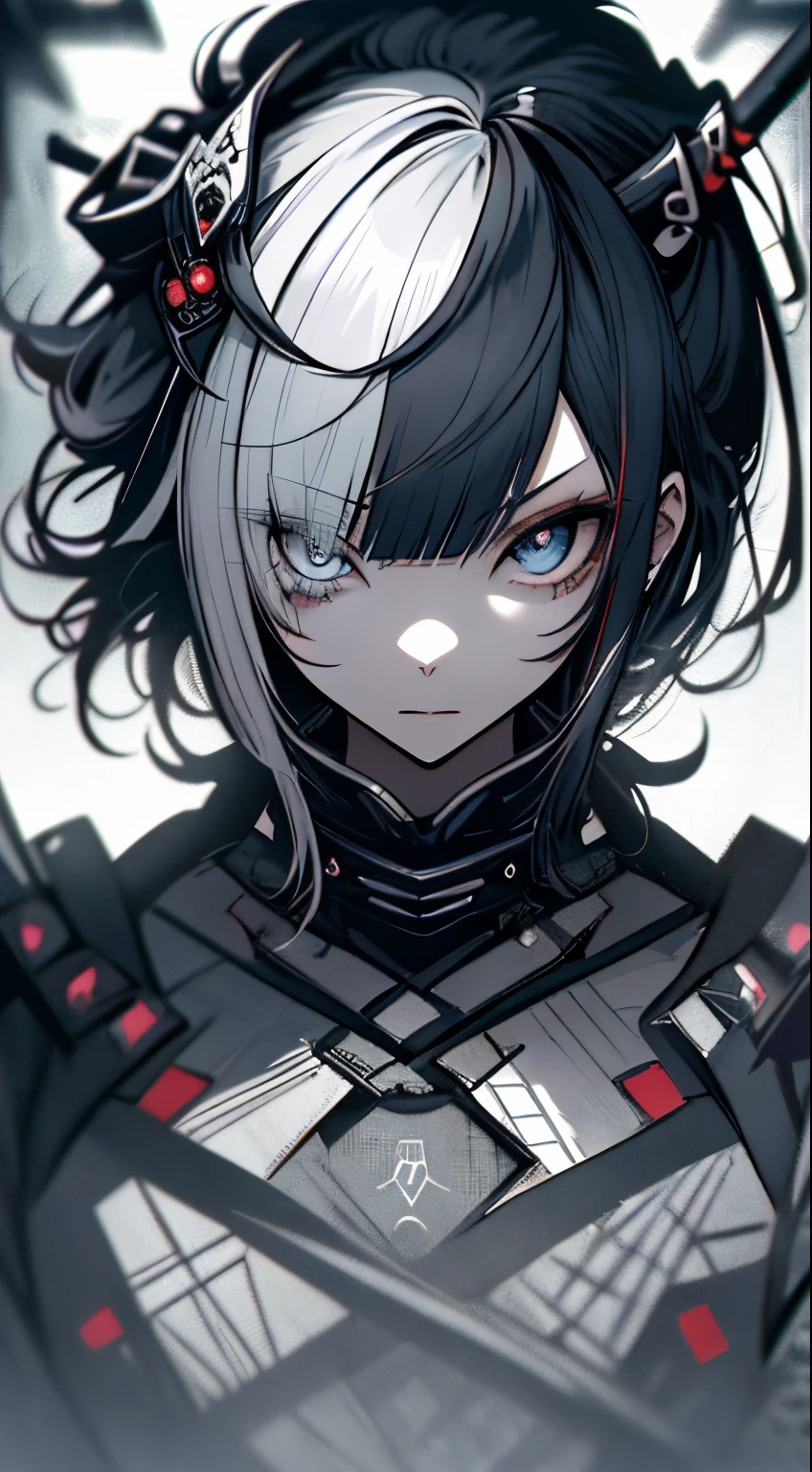 Japanese Katana Sword、Samurai sword、Full body、White one-piece military uniform、over-kneehighs, Blunt bangs, Grey Hair,(masutepiece:1.2, Best Quality), (finely detailed beautiful eye: 1.2), (Detailed background,Dark Fantasy), (beautifull detailed face), High contrast, (Best Illumination, extremely delicate and beautiful), ((Cinematic Light)), Colorful, Hyper Detail, Dramatic light, Intricate details,Very blue eyes,