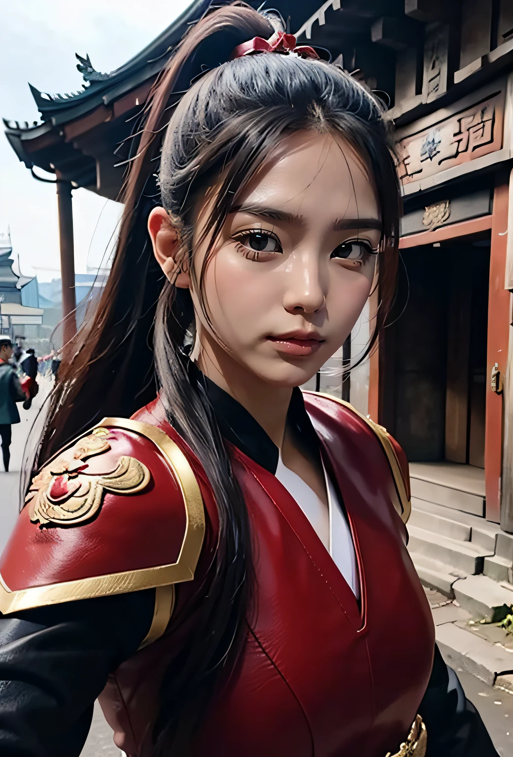 femele、warrior、Detailed faces、Red leather armor、At the temple gate，No helmet，high ponytails、Clean，Does it face the street???????，feudal times，with dynamism、30 year old woman face shape，Ancient streets