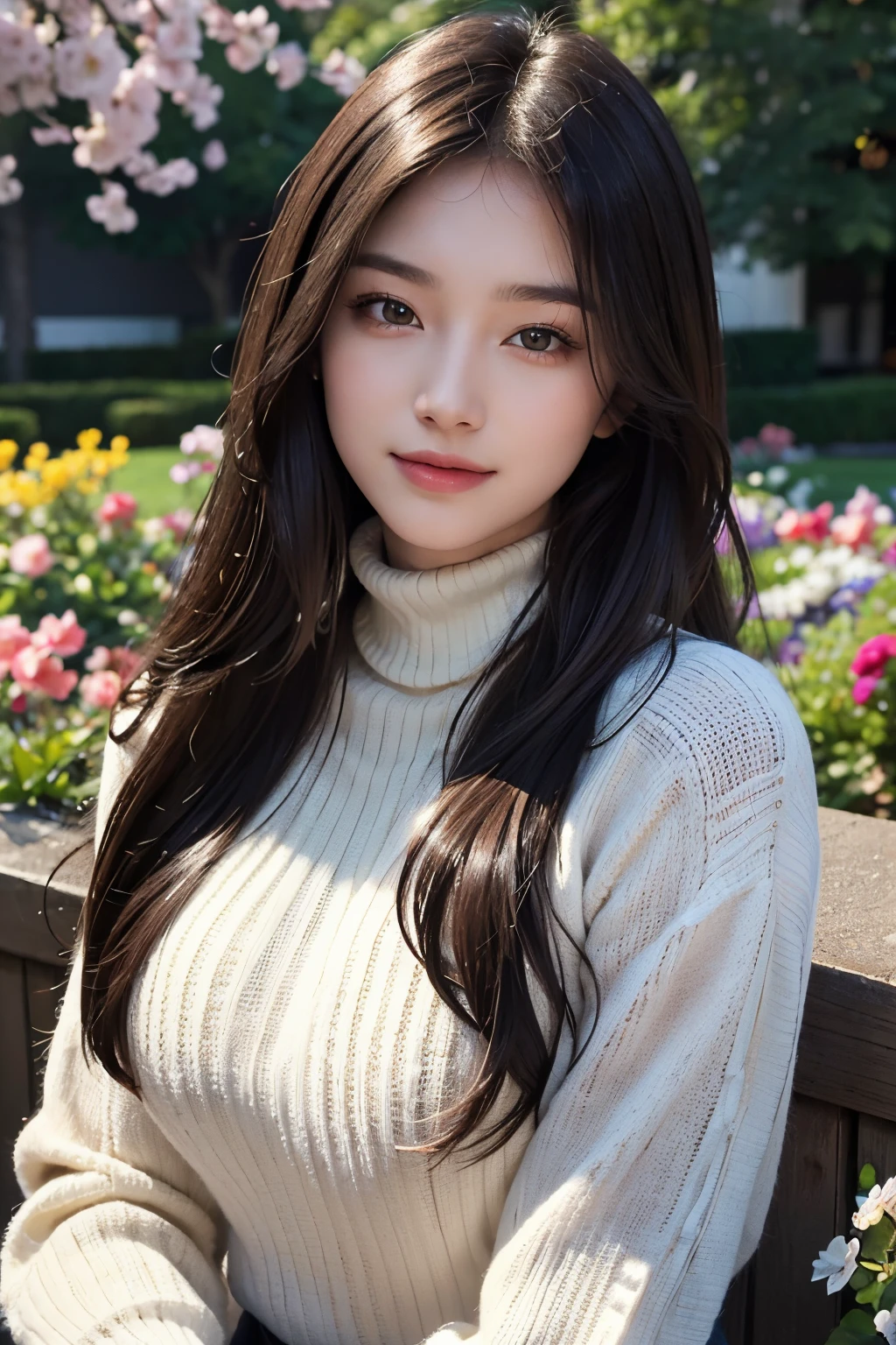 masterpiece,DSLR photo,analog style,nikon d5,real photo,a photo of a beautiful 20 year old woman,dramatic lighting (85mm),with Blooming garden in the background,(detailed facial features),(detailed shiny eyes),dynamic angle,Michelangelo style,long hair,turtleneck sweater,smiling face:1.4,