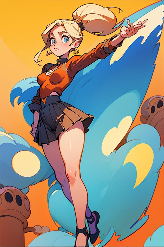 a drawing, (2D illustration 1.5), (2D gouache illustration 1.5), (cartoon 1.6), (cel-shaded 1.6), (vector style art 1.3), (flat shading 1.3), 1girl, complex background, looking at viewer, (wide hips 1.5), thick thighs, thin, slender, long hair, city street, big lips, eyes open, (perky breasts 1.5), [small breasts], (best quality, masterpiece), full body shot, freckles, blonde, ponytail, confident pose, cocky, fashion, cute clothes, pleated skirt, long skirt