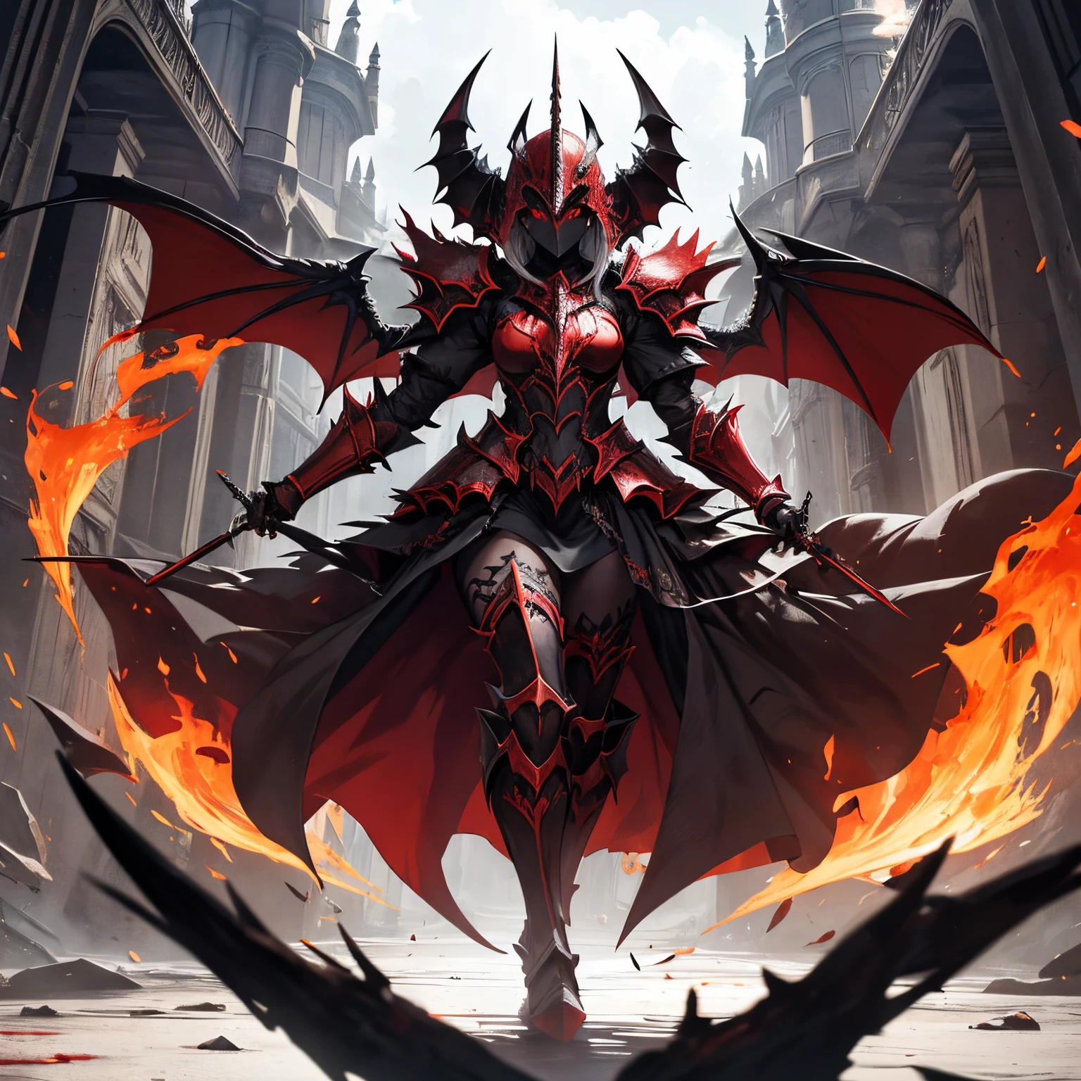 The whole body of a demonic demon woman with a big sword and a red flame, armadura vermelha e prata, demon armor, from head to toes, Armadura corrompida, Armadura refletida cor de fogo preta, Governante do Inferno, red demon armor, flame conjuring armored, diabo, Senhor de Cinder, arte conceitual digital diabo, cavaleiro de sangue, arte conceitual diabo, Armadura Daedric, Armadura de Sombra, Enigma infernal, armadura vermelha de sangue