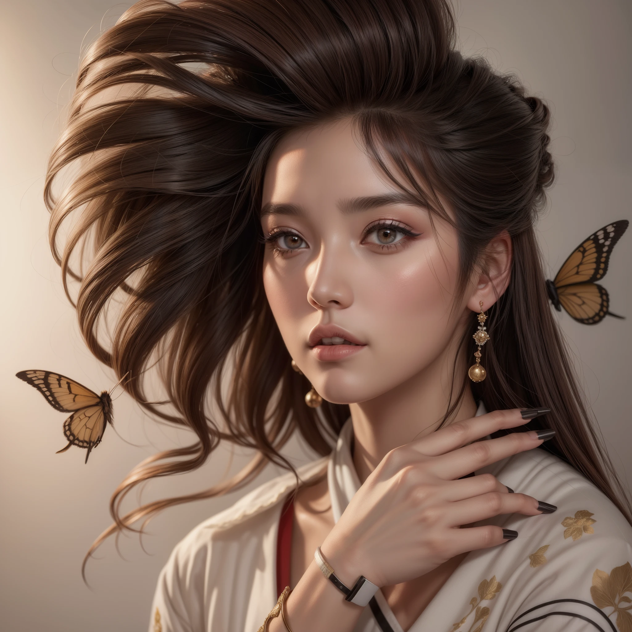 imagem realista de uma gueixa japonesa, full lips, pele sedosa, cabelo bonito, beautiful hands with big nails, usando um quimono bonito, com borboletas voando em volta do cabelo, exquisite digital illustration, bela arte digital, a beautiful realistic art illustration , stunning digital illustration, Gueixa da beleza, beautiful realistic digital illustration, Retrato de uma gueixa bonita, Retrato de gueixa, linda linda arte digital realista, bela arte digital, bela arte digital realista, Retrato de uma gueixa, em estilo digital realista