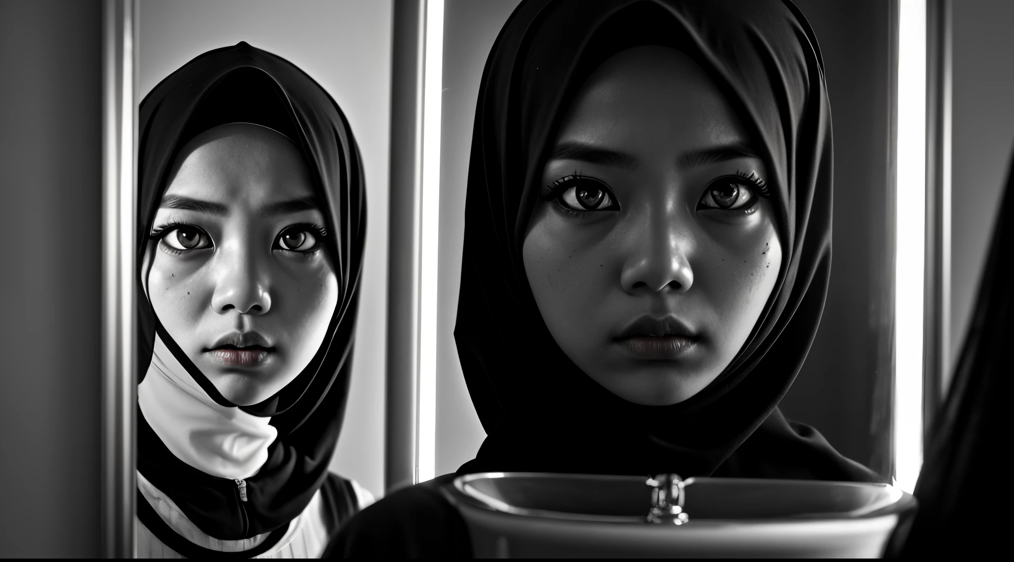 Generate a cinematic horror image of a Malay girl in hijab standing in front of a sinister-looking mirror. Use strategic lighting to highlight her fearful expression and emphasize the supernatural elements. Apply a desaturated color scheme with deep contrasts