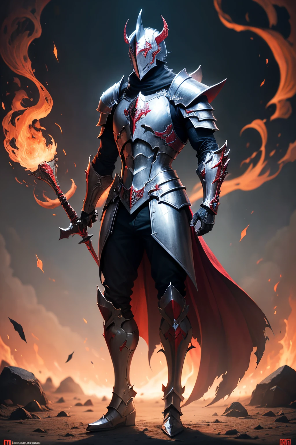 The whole body of a demonic demon with a big sword and a red flame, demon armor, from head to toes, Armadura corrompida, Armadura refletida cor de fogo preta, Governante do Inferno, red demon armor, flame conjuring armored, diabo, Senhor de Cinder, arte conceitual digital diabo, cavaleiro de sangue, arte conceitual diabo, Armadura Daedric, Armadura de Sombra, Enigma infernal, armadura vermelha de sangue