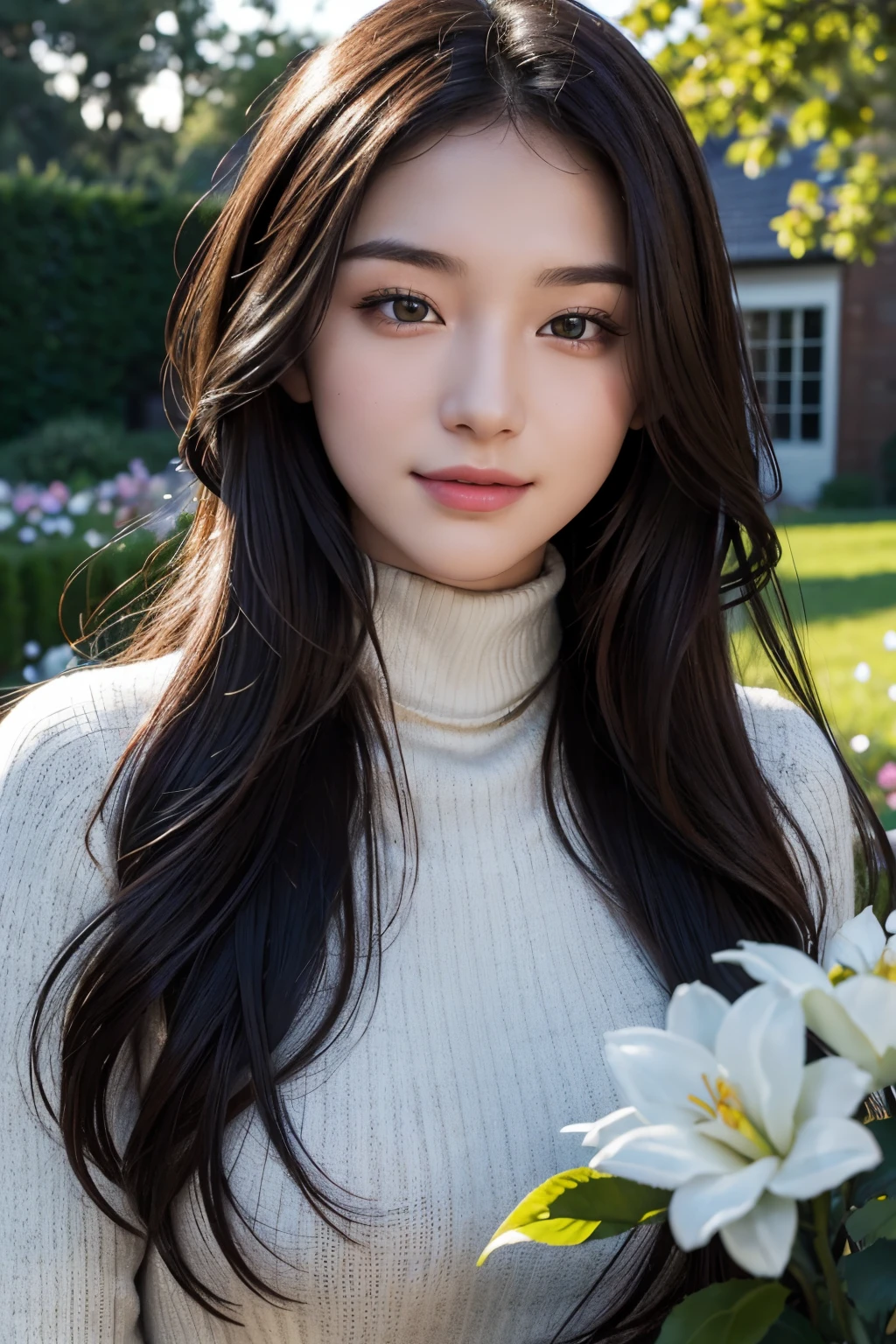 masterpiece,DSLR photo,analog style,nikon d5,real photo,a photo of a beautiful 20 year old woman,dramatic lighting (85mm),with Blooming garden in the background,(detailed facial features),(detailed shiny eyes),dynamic angle,Michelangelo style,long hair,turtleneck sweater,smiling face:1.4,