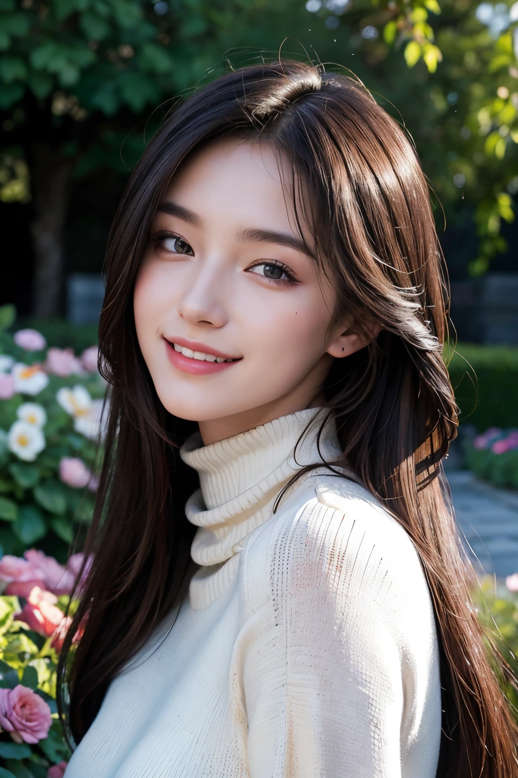 masterpiece,DSLR photo,analog style,nikon d5,real photo,a photo of a beautiful 20 year old woman,dramatic lighting (85mm),with Blooming garden in the background,(detailed facial features),(detailed shiny eyes),dynamic angle,Michelangelo style,long hair,turtleneck sweater,smiling face:1.4,