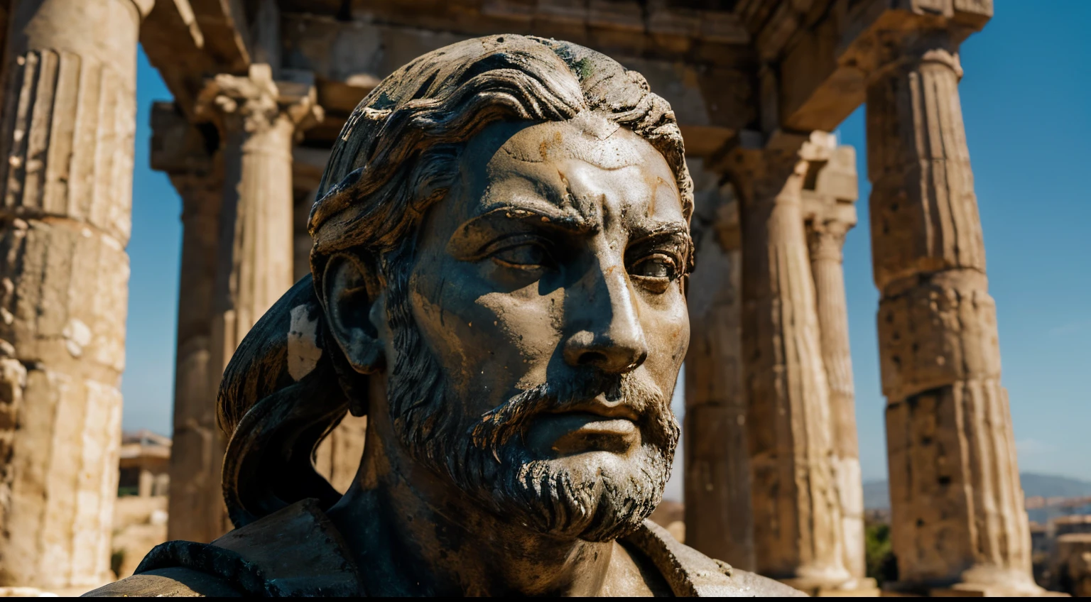 Ancient Stoic Statue With Very Angry Expression, tem barba, muitos detalhes em ambos os olhos, Outside, fundo atenas grego, open sky, com rosto extremamente detalhado full body view, Colors with low saturation with dark tone, Filmado em Sony A7S III com Sony FE 35mm f/1.8, 12.1 MP, --AR 3:2 --estilo cru