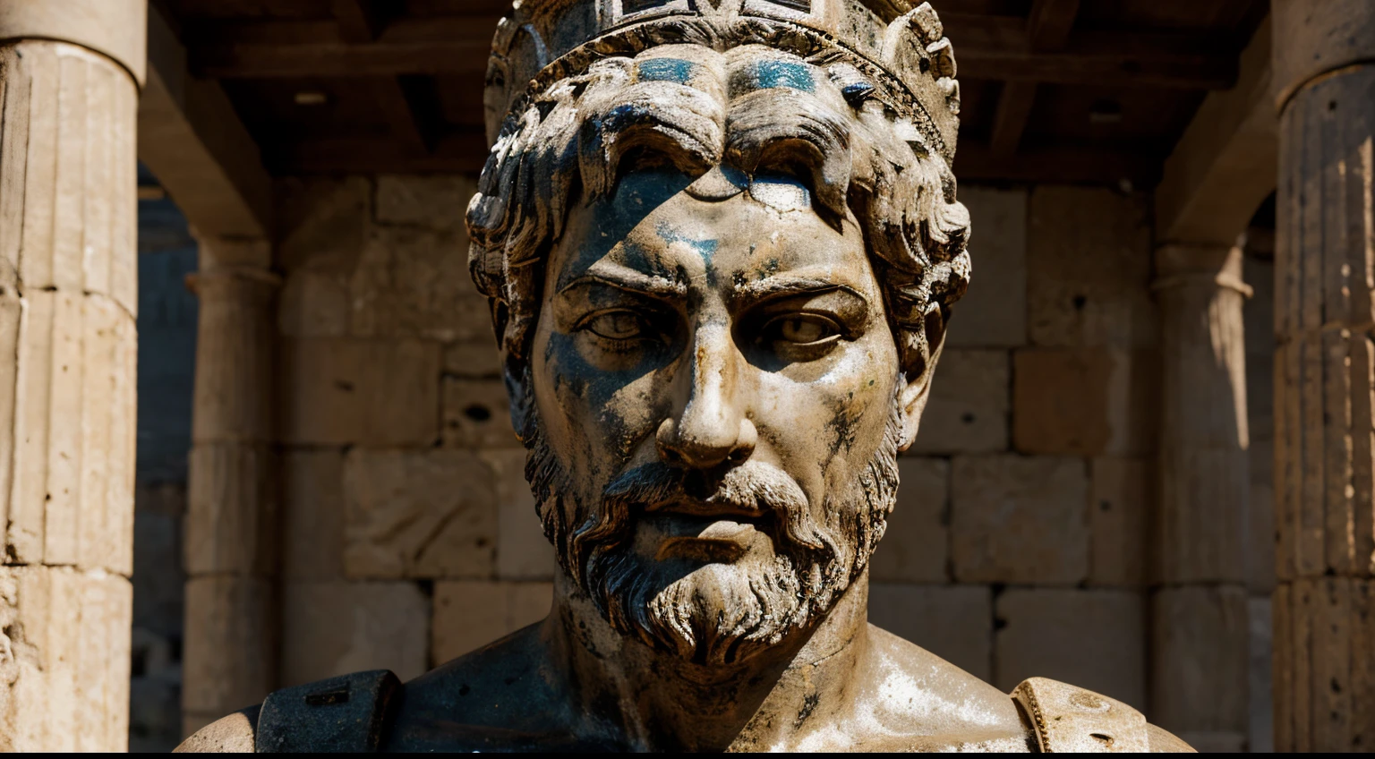 Ancient Stoic Statue With Very Angry Expression, tem barba, muitos detalhes em ambos os olhos, Outside, fundo atenas grego, open sky, com rosto extremamente detalhado full body view, Colors with low saturation with dark tone, Filmado em Sony A7S III com Sony FE 35mm f/1.8, 12.1 MP, --AR 3:2 --estilo cru