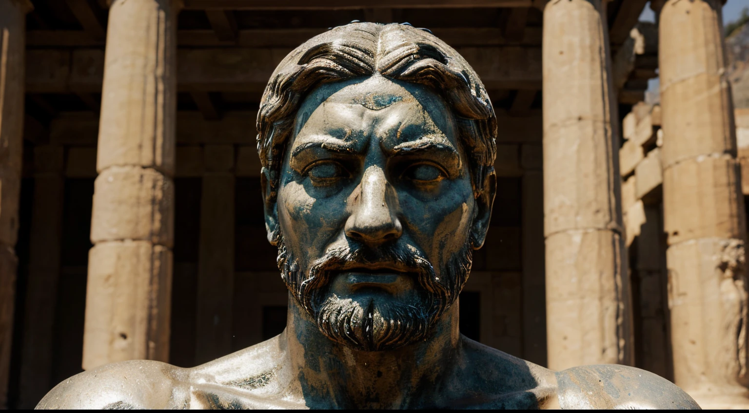 Ancient Stoic Statue With Very Angry Expression, tem barba, muitos detalhes em ambos os olhos, Outside, fundo atenas grego, open sky, com rosto extremamente detalhado full body view, Colors with low saturation with dark tone, Filmado em Sony A7S III com Sony FE 35mm f/1.8, 12.1 MP, --AR 3:2 --estilo cru
