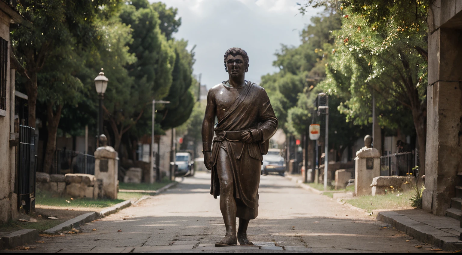 Ancient Stoic Statue With Very Angry Expression, tem barba, muitos detalhes em ambos os olhos, Outside, fundo atenas grego, open sky, com rosto extremamente detalhado full body view, Colors with low saturation with dark tone, Filmado em Sony A7S III com Sony FE 35mm f/1.8, 12.1 MP, --AR 3:2 --estilo cru