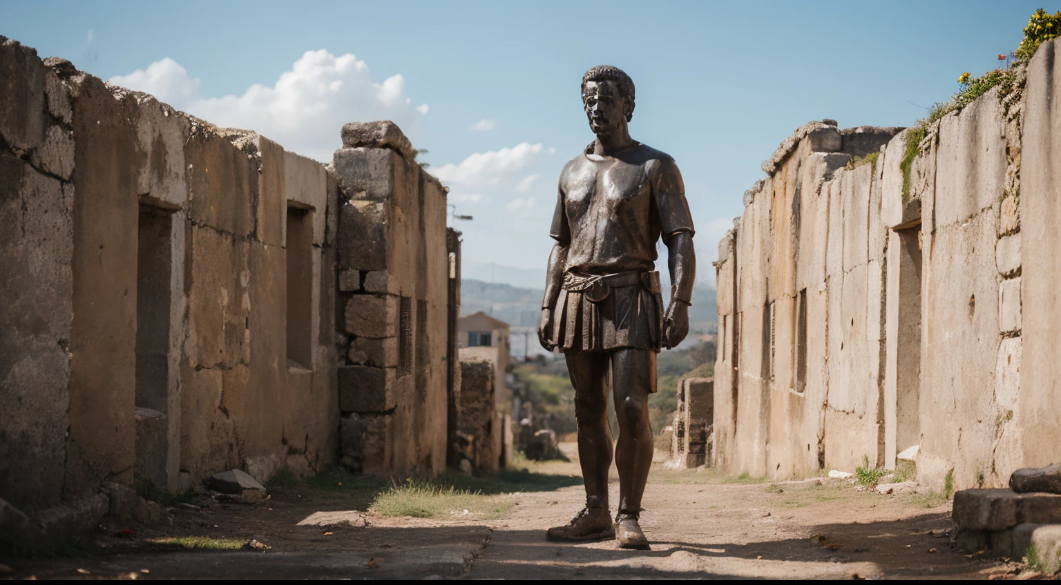 Ancient Stoic Statue With Very Angry Expression, tem barba, muitos detalhes em ambos os olhos, Outside, fundo atenas grego, open sky, com rosto extremamente detalhado full body view, Colors with low saturation with dark tone, Filmado em Sony A7S III com Sony FE 35mm f/1.8, 12.1 MP, --AR 3:2 --estilo cru