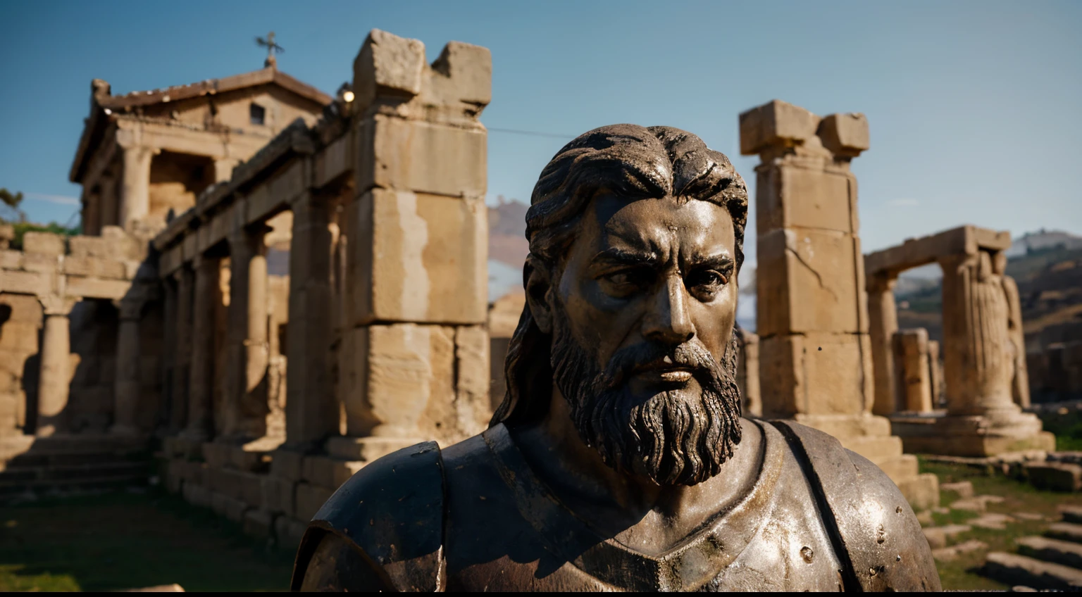 Ancient Stoic Statue With Very Angry Expression, tem barba, muitos detalhes em ambos os olhos, Outside, fundo atenas grego, open sky, com rosto extremamente detalhado full body view, Colors with low saturation with dark tone, Filmado em Sony A7S III com Sony FE 35mm f/1.8, 12.1 MP, --AR 3:2 --estilo cru