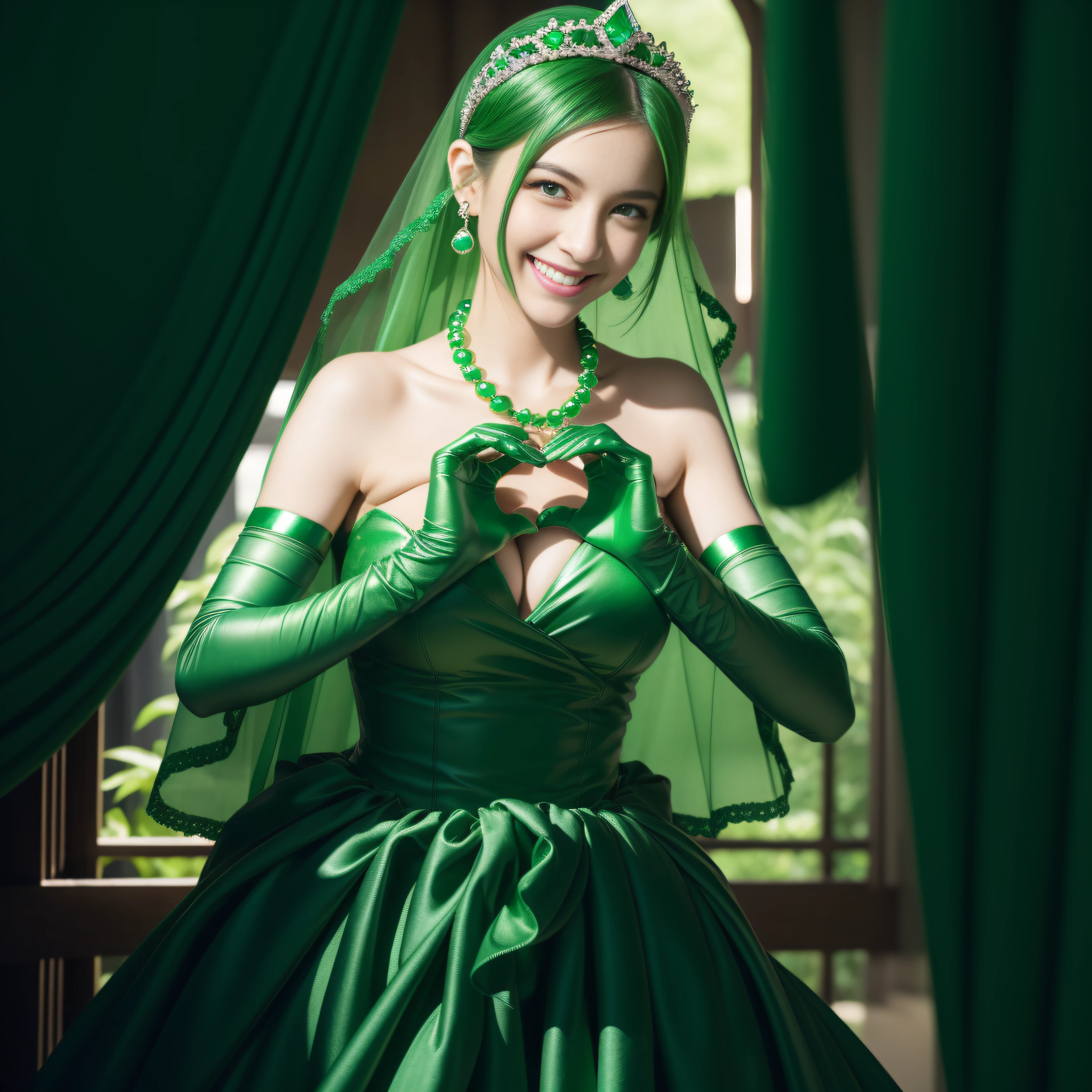 emerald tiara, Green Pearl Necklace, Boyish very short green hair, lipsticks, Japan woman smiling, very short short hair,  big breasts beautiful, Green eyes, Long green gloves made of satin material, Green eyes, Emerald Earrings, green vale, Heart with both hands, Green hair