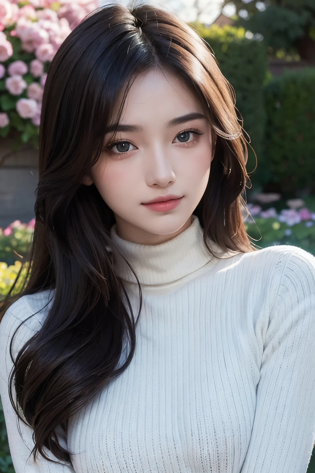 masterpiece,DSLR photo,analog style,nikon d5,real photo,a photo of a beautiful 20 year old woman,dramatic lighting (85mm),with Blooming garden in the background,(detailed facial features),(detailed shiny eyes),dynamic angle,Michelangelo style,long hair,turtleneck sweater,smiling face:1.4,